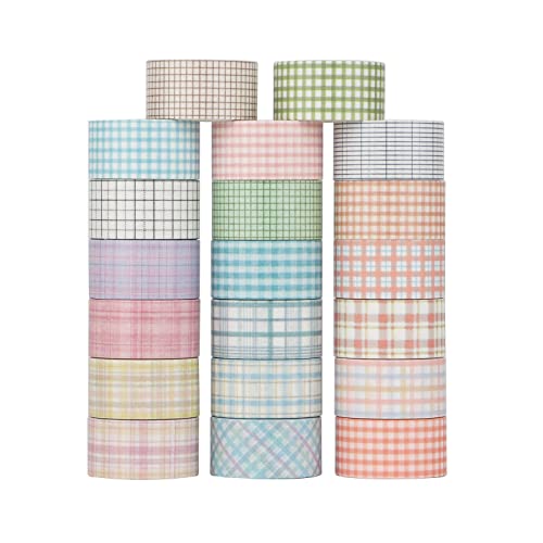 LGEGE 20 Rolls Grid Washi Tape Set, 20mm Wide, Colorful Checked Pattern, Japanese Masking Tape Décor for Scrapbook,Bullet Journal,Gift Wrapping,DIY Craft (2m)