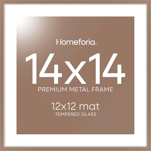 Image of Homeforia 14x14 Picture Frame Mocha, High End Metal 14 x 14 Square Poster Frames with Mat 12 x 12 Photo, 14x14 Mocha Frame Matted to 12x12 Print, 14by14 Thin Frames, Tempered Glass, Wall Kit, Set of 1