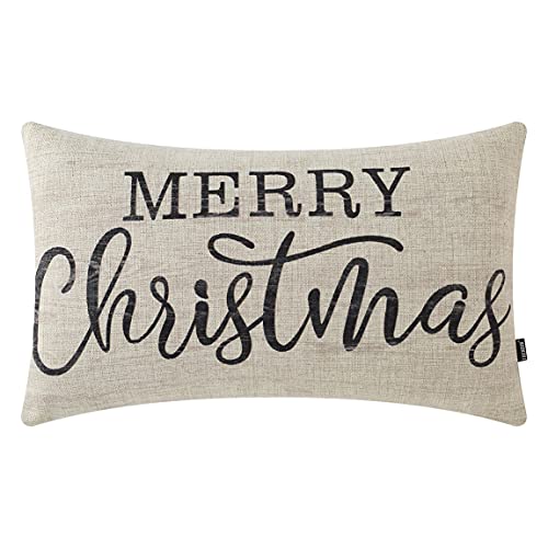 TRENDIN Merry Christmas Lumbar Pillow Cover 12x20 Inch for Winter Decor Wood Grain Look Couch Sofa Pillowcase Linen PL699TR