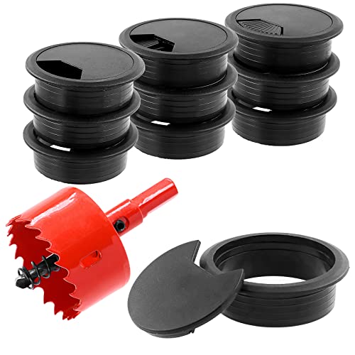 Swpeet 11Pcs Black Desk Cable Wire Grommet Cord with Hole Saw, Tidy Cable Hole Cover Organizers, Desk Wire Cord Cable Grommets Hole Cover and 1Pcs 2-3/4 Inch Tools Hole Saw with Arbor for Office Desk