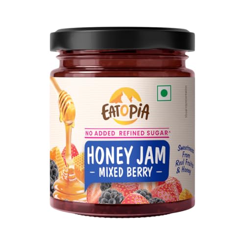 Image of Eatopia Sugar Free Mixed Berry Honey Jam | 100% Pure & Natural | Healthy Jam for Kids & Adults | 70% Real Fruit Berries | No Added Flavours & Preservatives | Sweetness from Real Fruits & Honey | Pack of 1 | 240g