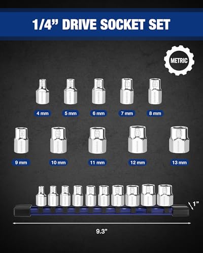 Image of WORKPRO 1 /4 inch Drive Socket Set, 10-Piece Metric CR-V Socket Set with Rail | Standard & Shallow Sockets, External Hex Socket, 4mm to 13mm, 6-Point, Size Markings, PVC Socket Organizer, for Auto Repairs