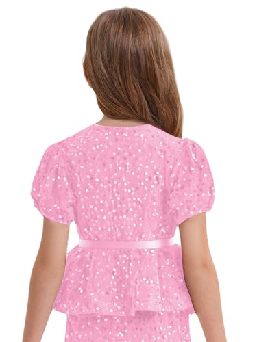 Choomomo Velvet Blouses for Girls Dressy Casual Short Sleeve Peplum Tops Sparkly Glitter Belted Shirts4