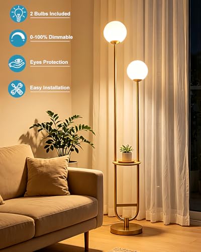Image of Lightdot 2 Globe Gold Floor Lamp with Table Mid Century Standing Lamps with 3000K LED Bulbs Unique U-Pole Vintage Tall Floor Lamp with 5Lbs Heavy Base for Living Room /Bedroom /Wedding /Party /Home Decor