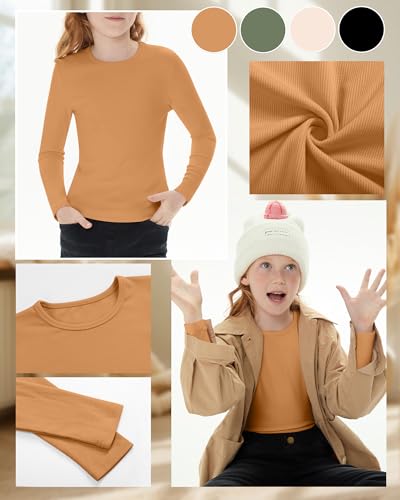 Image of 4 Pack Girls Long Sleeve Shirts Ribbed Knit Cotton Crewneck Tops Slim Fit Soft Casual Kids Base Layer Undershirts