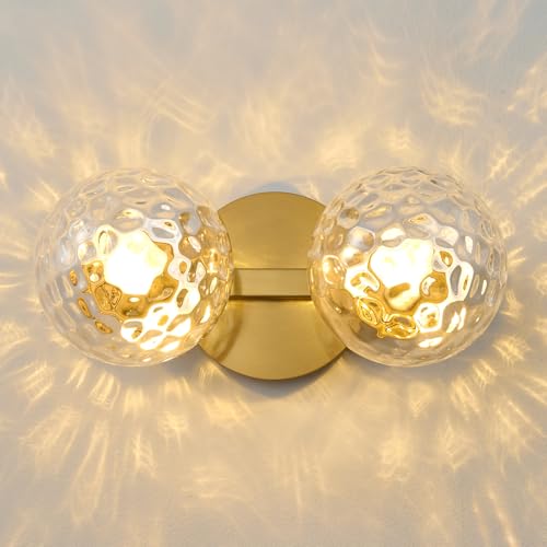 Image of Gold Globe Wall Sconce,Vanities Lights with 2 Clear Glass Shades | 6 inch Modern Spherical Vanity Sconces,Contemporary Small Brass Ball Lights Fixture for Entryway Bedside Bathroom,E26 Base