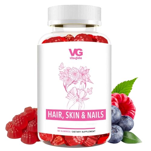 VITA GLOBE Hair, Skin & Nails + Collagen Gummies – 20mg with Vitamins A, C, D, E, B6 & Biotin | Beauty & Wellness Supplement for Healthy Hair Growth, Radiant Skin & Strong Nails 60 Count (Pack of 1)