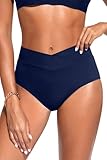 Women V Cut Bikini Bottoms - High Waisted Full Coverage Swimsuits Cross Front Bathing Suit Bottoms 2026 Navy Blue M