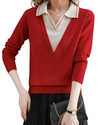 LAI MENG FIVE CATS Women's Polo Contrast Collar Sweater Casual Ribbed Knit Shirt V-Neck Tunic Pullover Top