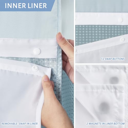 Image of Furlinic No Hook Needed Shower Curtain 71x75 Inch,Waterproof 180GSM Fabric with Magnetic Weighted Hem and Fog Blue Waffle Weave,Machine Washable Hotel-Grade Bath Curtain with Clear Window.