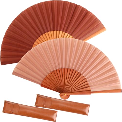 Blulu 2 Pieces Folding Handheld Silk Fan Pear Wood Vintage Spanish Fans with Leather Cover for Women Girls for Renaissance Fairs Larp Steampunk Medieval Viking or Cosplay Costumes(Vintage Pink)