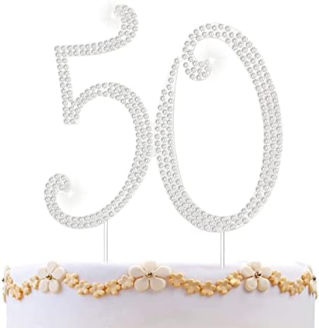 50 Cake Topper 50th Anniversary Birthday Wedding Diamond Cake Topper for Women 50 Sparkle Bling Rhinestone Cake Decoration Party Supplies Keepsake, Silver