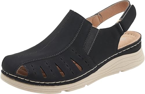 GILKUO Sandalias Mujer Verano Cuña Piel Mules Cerradas Planas Tacón Plataforma Baja Sandalias Vestir Comodas Elegantes Zapatos Negro Talla 38