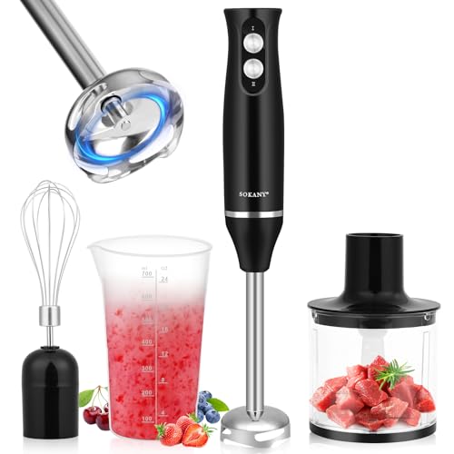 Mixer Immersione 4-In-1, 500 W Frullatore Tritatutto Multifunzione, 2 Velocità, con Frusta e Tritatutto da 500 ml e Misurino da 700 ml per Frullati, Zuppe, Salse, Yogurt, Alimenti Bambini