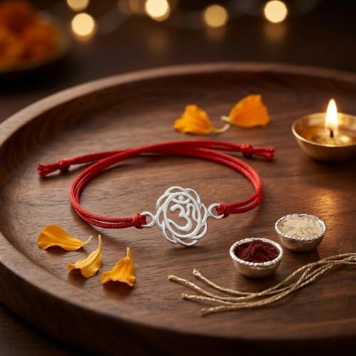 Image of Parnika 925 Pure 92.5 Sterling Silver Om Trishul Tripund Rakhi Bracelet for Brother | Hallmarked Silver Rakhi for Bhai & Bhaiya | Raksha Bandhan Gift with Roli Chawal | Premium Thread Rakhi