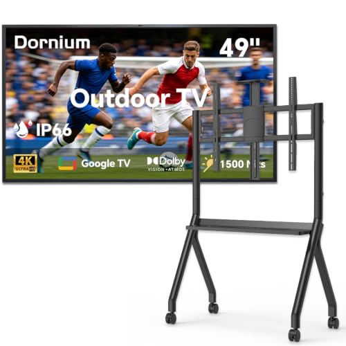 Dornium 49" Outdoor TV & Rolling TV Stand Bundle, No Wall Mount Needed | 4K Outside Google TVs, IP66 Waterproof & 1500 Nits High Brightness Smart TVs for Partial Sun (Outdoor & Indoor)