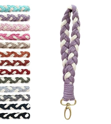 Handmade Boho Macrame Keychain Wristlet, Braided Keyring Holder for Women, Car Key Wrist Lanyard, Made in USA (Purple/Gold)