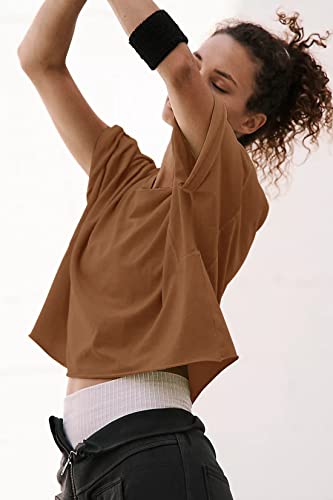Women's Oversize Workout Crop Tops Casual Short Sleeve Drop Shoulder Boxy T-Shirts Roll Hem Basic Loose Yoga Running Tees - Image 5