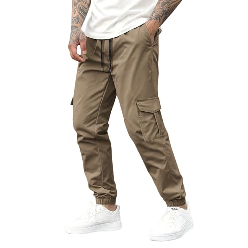 Mens Cargo Pants Casual Lightweight Elastic Waist Drawstring Tapered Pant with Pockets