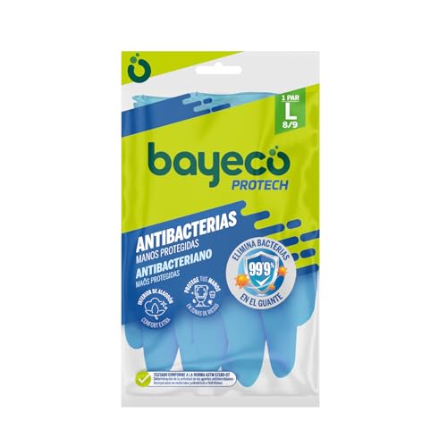 Bayeco - Guantes reutilizables Protect Antibacterias - Extra-protección para la limpieza de tu baño - Color Azul - Interior flocado para menor sudoración y mayor confort - 1 Par - Talla L