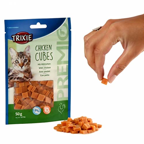 TRIXIE Premio Chicken Cubes | Doppelpack | 2 x 50g | Leckerer Katzensnack für zwischendurch | Hoher Hühnerfleischanteil von 73 % | Frei von Zusatzstoffen und Zucker | Ohne Getreide