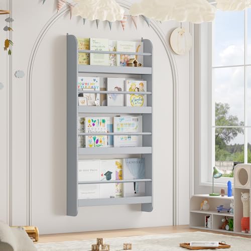FOTOSOK Kids Bookshelf, Wall Mount 4-Tier Book Shelf Organizer for