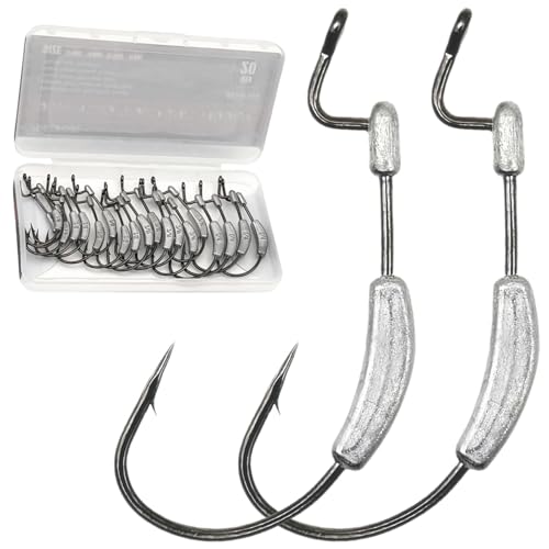 FINOSEAK 20Pcs Weighted Bass Fishing Hooks Set, Customized Swimbait Hooks Wide Gap Weedless Worm Fish Hook with Molded Bait Keeper 1/0 2/0 3/0 4/0