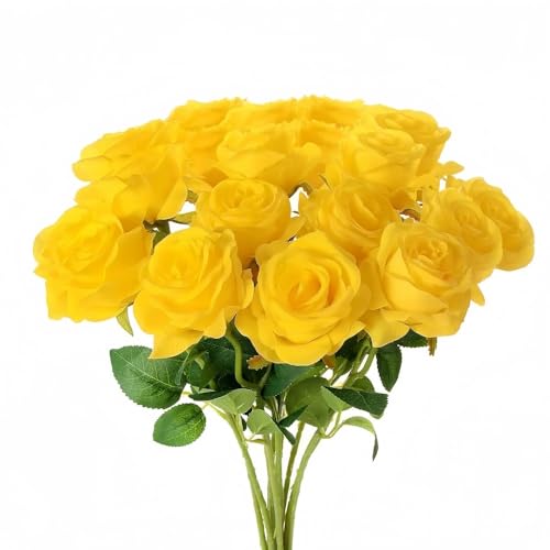 10 Pcs Artificial Roses, Yellow Fake Roses Artificial Flowers, with Stems Fake Artificials Yellow Rose Silk Flowers, for Home Garden Party Hotel Office Decor