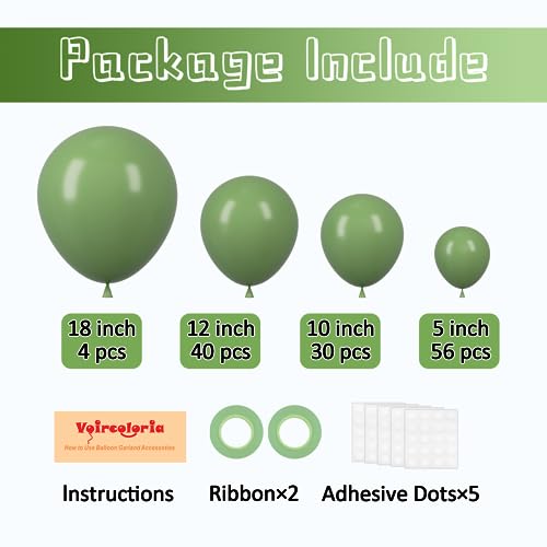 Image of Voircoloria 130pcs Sage Green Balloons Different Sizes 18 inch 12 inch 10 inch 5 inch Olive Green Balloons for Birthday Graduation Baby Shower Wedding Anniversary New Year Party Decorations