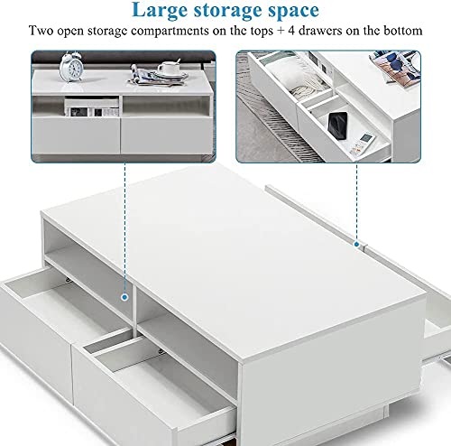 Gototop Modern Glossy White Coffee Table W/Led Lighting, Contemporary Rectangle Design With 4 Drawers And Remote Control Living Room Furniture #TOP4