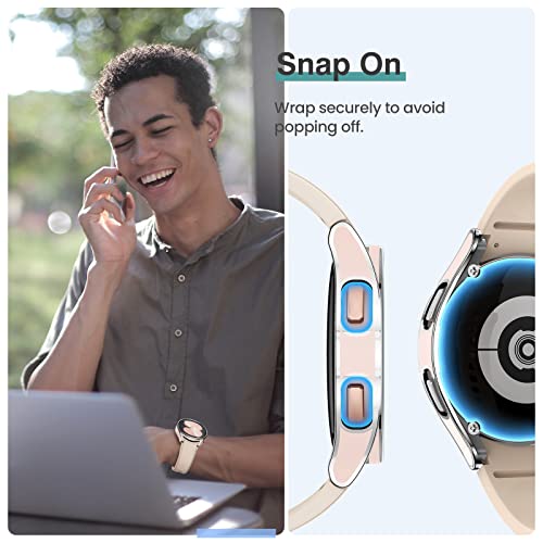 Tensea [4+4Pack for Samsung Galaxy Watch FE 2024/5 2022/4 2021 Screen Protector Case 40mm Accessories, Hard PC Bumper/HD Anti-Fog Tempered Glass Protective Film, Face Cover Set