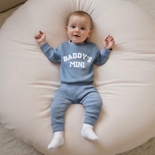 Toddler Baby Boy Fall Outfit Daddy's Mini Waffle Knit Sweatshirt Tops + Jogger Pants Kids Casual Winter Clothes2