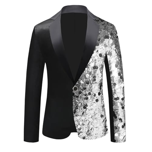 Mens Sequin Blazers Fashion Color Block Peak Lapel Tuxedo Sparkly Patchwork Party Dance Tuxedo Suit Jacket