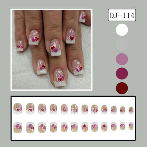 Valentines Press on Nails Short Square Fake Nails With Red Pink Glitter Love Heart Designs White French Tip False Nails Acrylic Stick on Nails Romantic Nails for Women 24 Pcs
