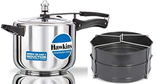 Image of Hawkins Stainless Steel Pressure Cooker, 4 Litres With Hard Anodised Two Dish Set /Separator, 4 Liter