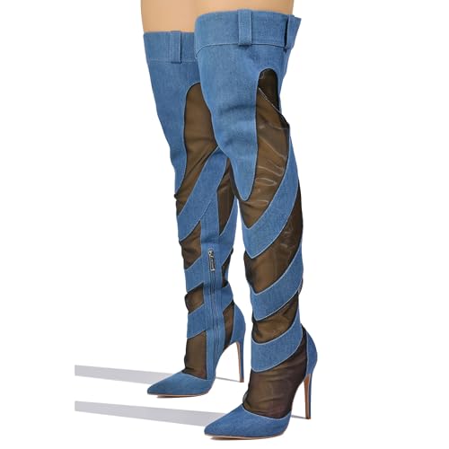 Cape Robbin Mesh Denim Thigh High Boots for Women - Over Knee Boots - Blue Thigh High Boots (Mandali)2