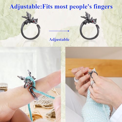 Image of HUISUYTON Dragon Crochet Tension Ring for Finger, 4Pcs Lefties & Righties Crochet Rings, Yarn Guide Ring for Crocheters Knitters Mom Grandma Gifts