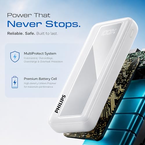 Image of Philips 10000mAh 22.5W Fast Charging Power Bank (Alba White) with Digital LED Display | Type-C & USB-A Input /Output | 3 Output Ports | Lithium Polymer Battery | Portable for Mobile, Tablet & Earbuds