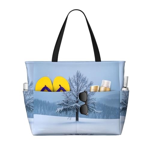 Beach Bag for Women, Waterproof Sandproof Beach Pool Travel Duffel Bags with 7 Pockets, Large Capacity Shoulder Tote Bag for Gym Travel Vacation Essential, Winter Snowflake Tree