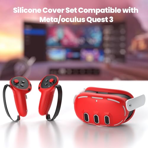 Silicone Cover Compatible with Meta/Oculus Quest 3 Accessories, VR Silicone Face Cover, VR Shell Cover,Touch Controller Grip Case,Camera Lens Protector Set (Red) - Thumbnail 6