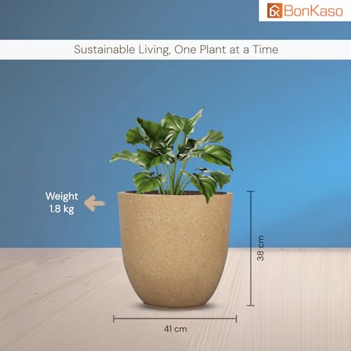 Image of BonKaso 16 inch Beige Pot - Tall, Durable & Lightweight Polymer Jaguar Round Planter for Indoor & Outdoor Use: Home, Office, Garden & Balcony (Gamla /Gamale)