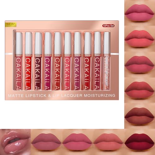 2. Bild von Lipgloss Set, 10 Farben Nude Matte Lippenstifte, Antihaft-Tasse Lipgloss Flüssiger Lippenstift Set,Wasserdichte Langlebige Flüssigkeit Lippenstift Set(01)