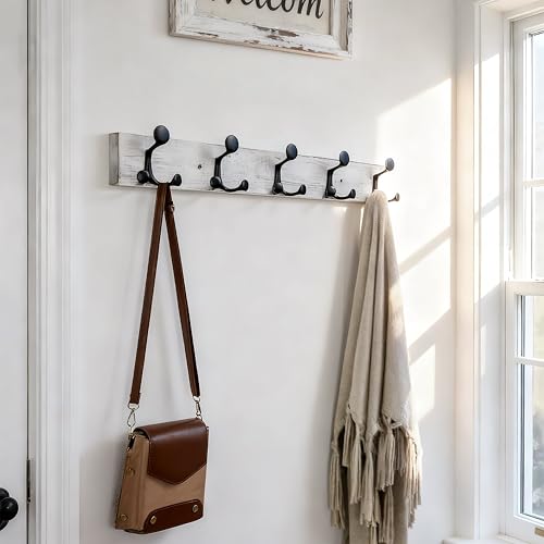 SKOLOO 24-Inch Wood Coat Rack Wall Mount with 5 Triple Hooks - Ideal for Family Entrances, Classrooms, and Pet Supplies Storage - Perfect Coat Hooks for Wall,Distressed White Wash by SKOLOO - Used condition - Image 2