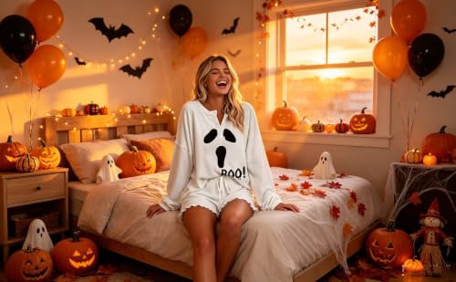 Image of Roshop Halloween Pajama Women's Pumpkin Matching Top & Shorts Loungewear Set