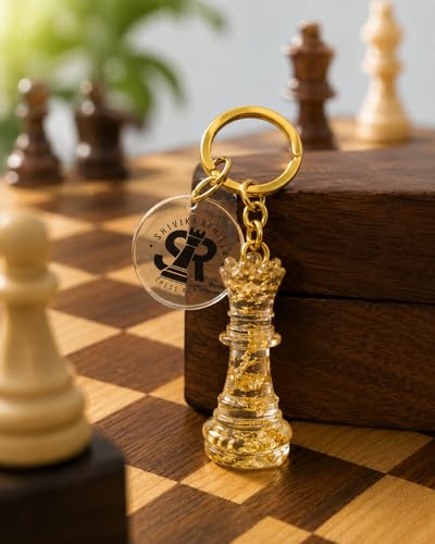 Image of SRCA Resin Premium Charming Queen Chess Piece Keychain, Golden, Metal Bag Hanging, Chess Theme, Personalised Metal Chess Piece Keychain Gamer Gift