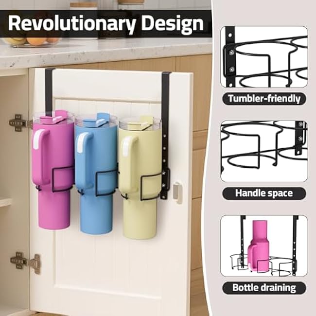 Over The Door Tumbler Organizer Compatible with Stanley 30oz 40oz, Vertical Hanging Snap-On Water Bottle Storage, Drill-Free Space-Saving Cup Holder for Kitchen, Cabinet, Door - Gift Ready (Black)