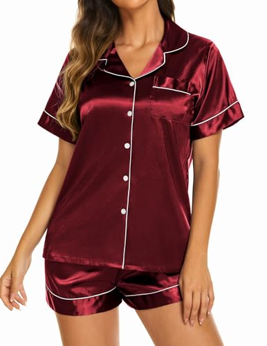 Image of Ekouaer Silk Pajamas for Women Short Sleeve Sleepwear Soft Button Down Loungewear 2 Piece Satin Pjs Shorts Set
