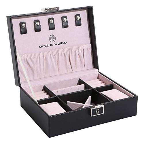 QUEENS WORLD Jewelry Box for Women Retro Girls Jewelry Organizer Box Jewelry Gift Boxes Multifunction Organizer With Lock (Black)