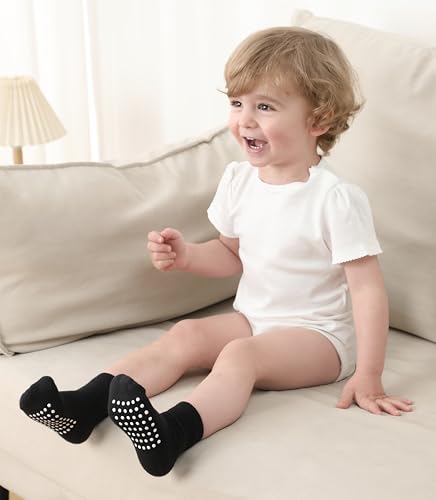 Image of JAKIDAR 12 Pack Baby Socks Cotton Crew Toddler Socks Grips Non Slip Bottom Kids Socks