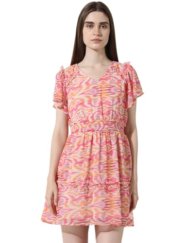 Image of ONLY Women Floral Printed Flared Sleeves Smocked Ruffled Fit & Flare Dress|Western Above The Knee Dress